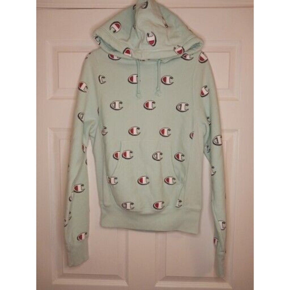 CHAMPION Vintage All Over Logo Reverse Weave Hoodie Teal Green Mens X SMALL